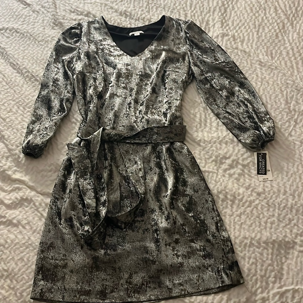 BAR III Womens Silver Stretch Pouf Sleeve V Neck Mini Evening Shift Dress